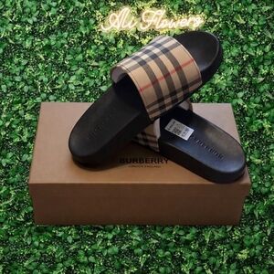 Burberry Beige Black Check Slide Sandals